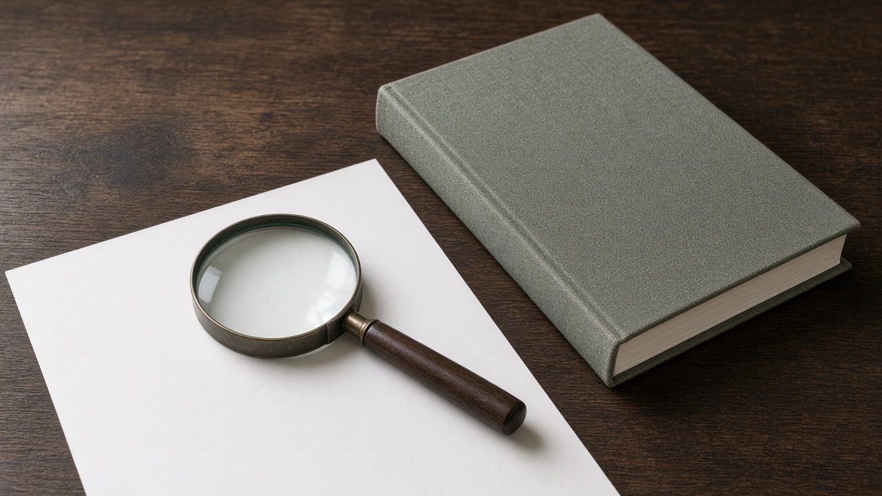 A magnifying glass lies on a blank sheet beside a closed book.