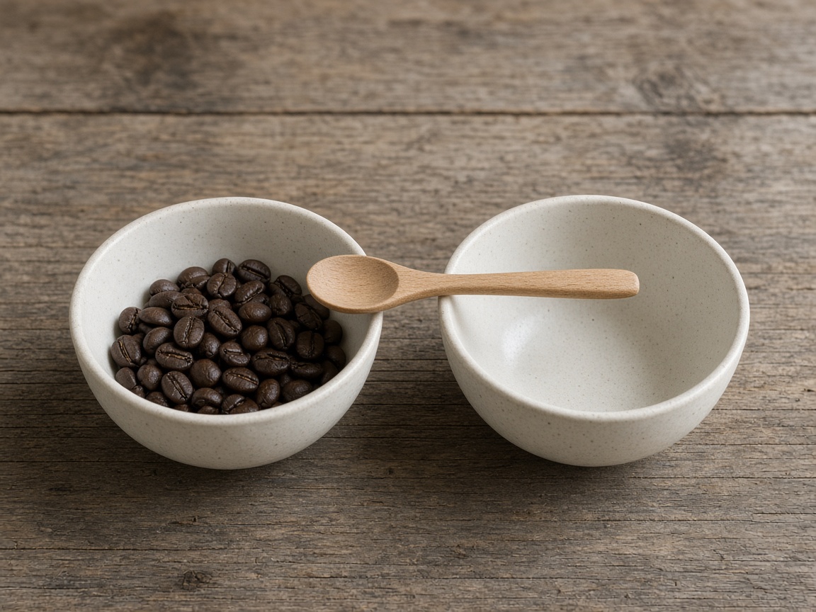 A wooden spoon rests across two bowls, with beans only in the left bowl.