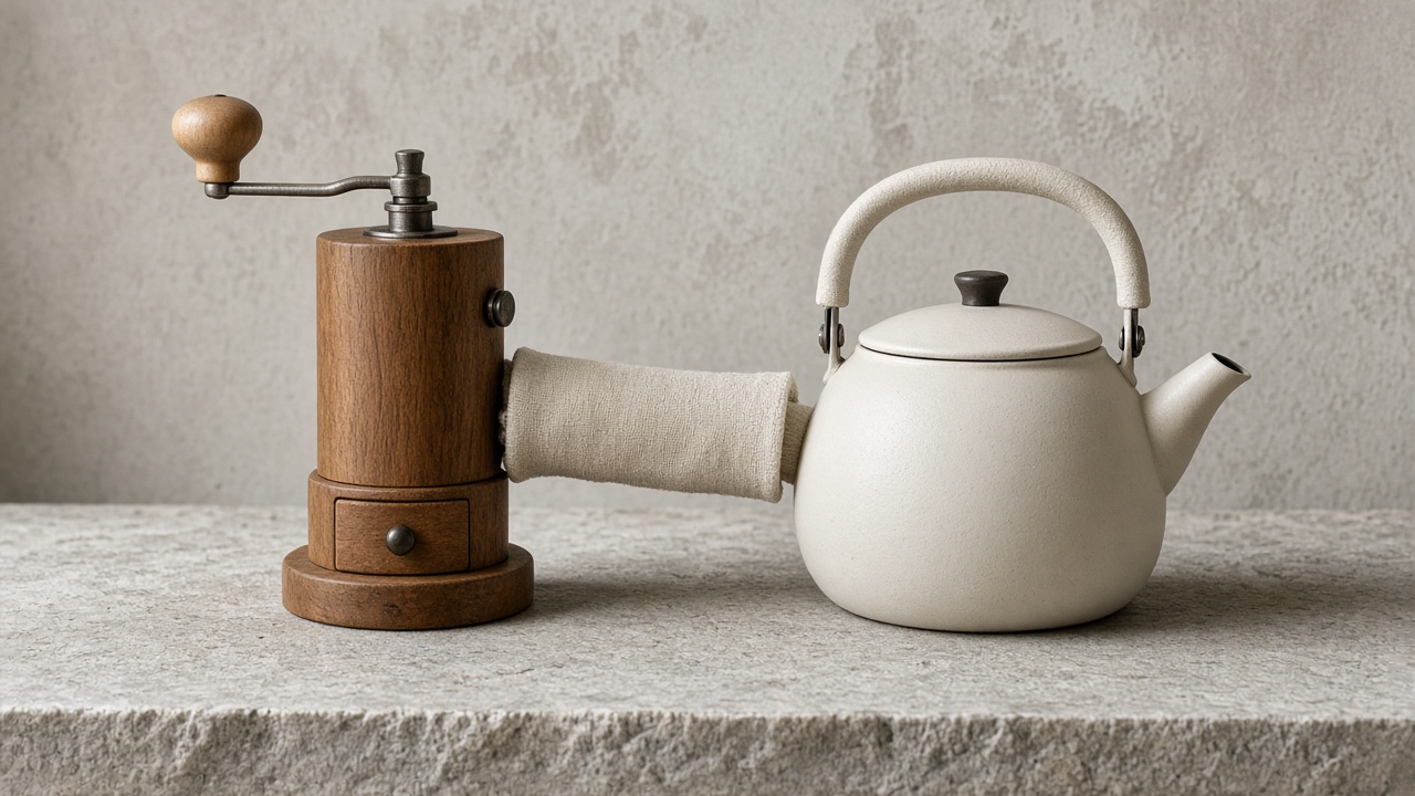 A manual coffee grinder and a kettle are joined by a short plain cloth sleeve.
