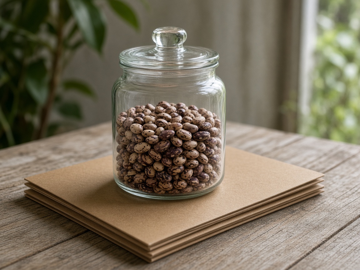 A lidded glass jar of beans sits on a closed folder.