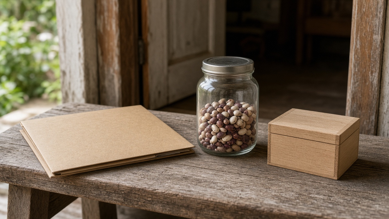A closed folder, a jar of beans, and a small wooden box are grouped near a doorway.