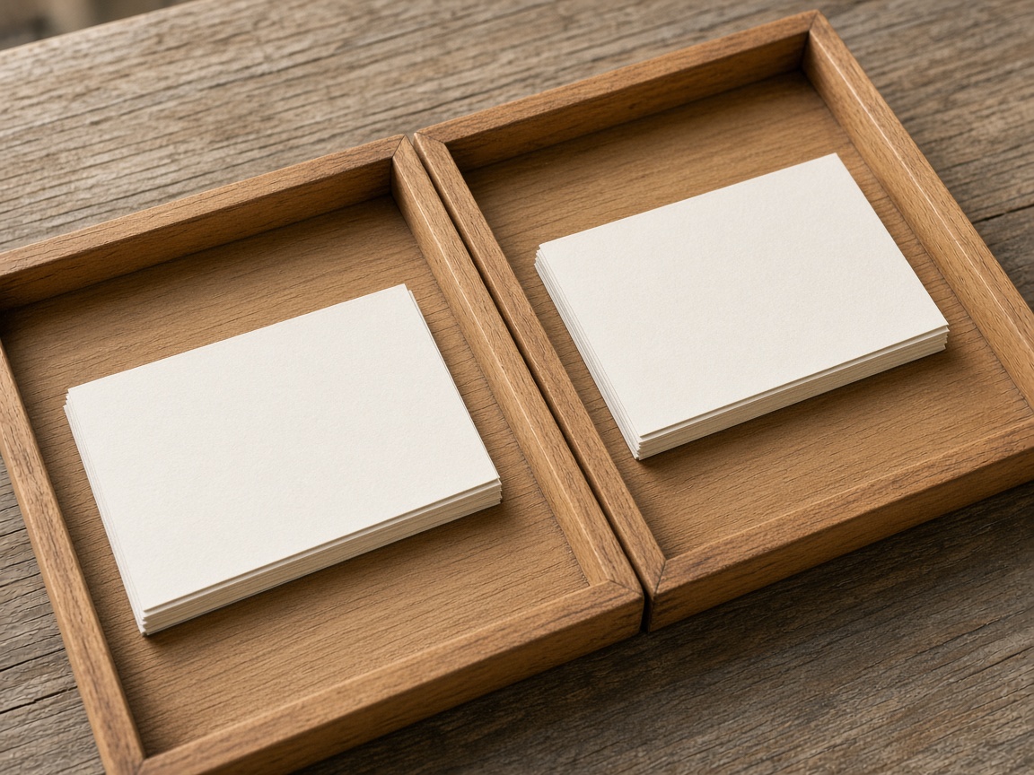 Two wooden trays touch so blank cards can slide from one to the next.