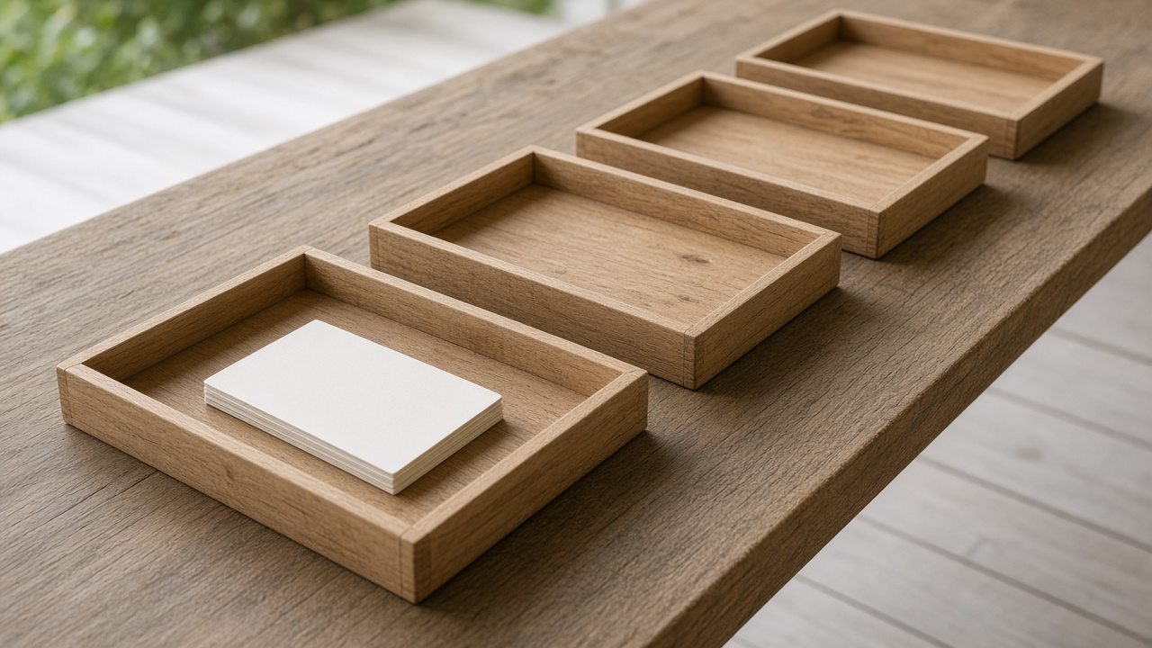 Four wooden trays stand in a line, with blank cards only in the first.