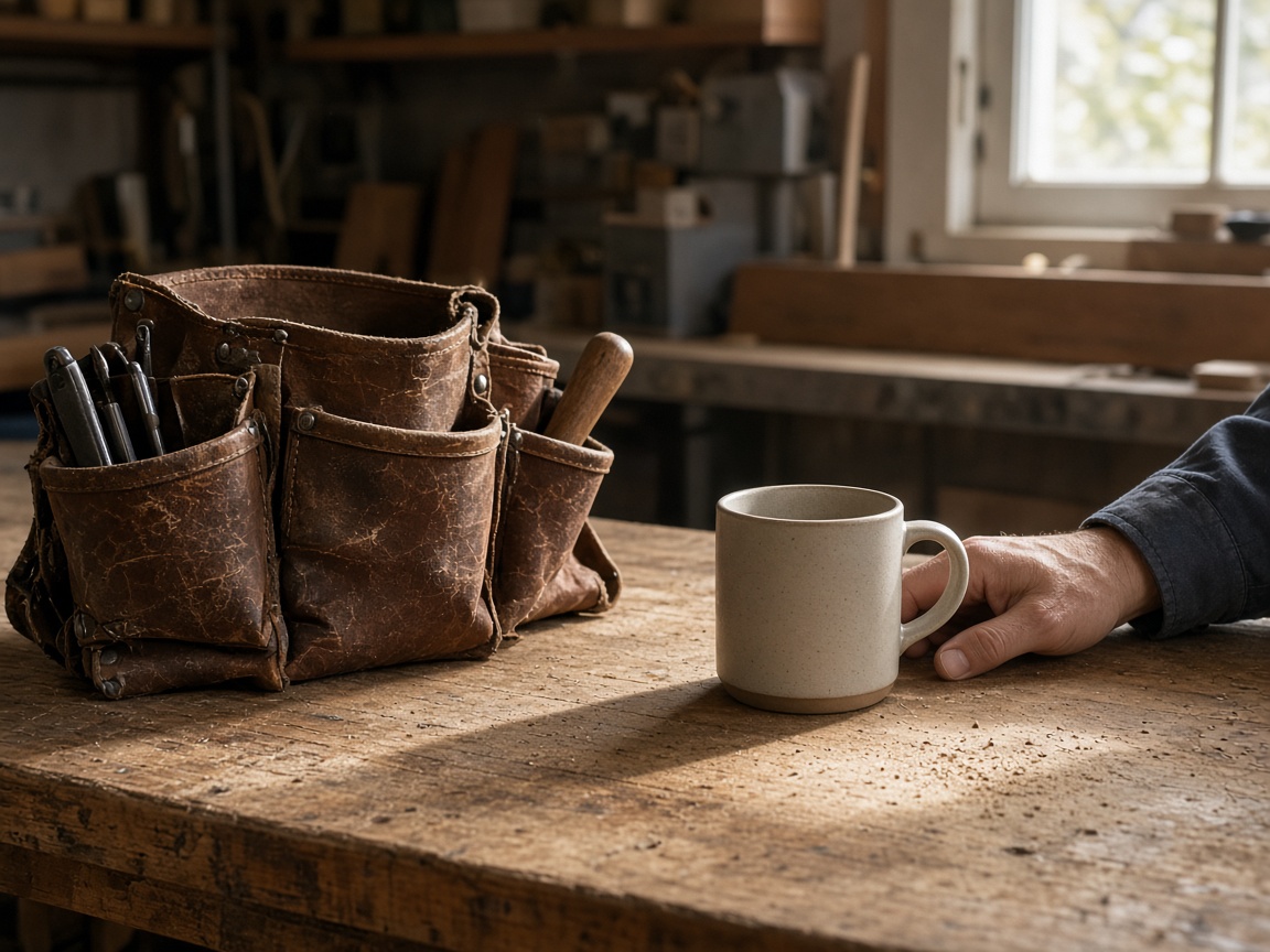 A worn leather tool belt and a plain ceramic mug rest on a wooden workbench, with a hand beside the mug.