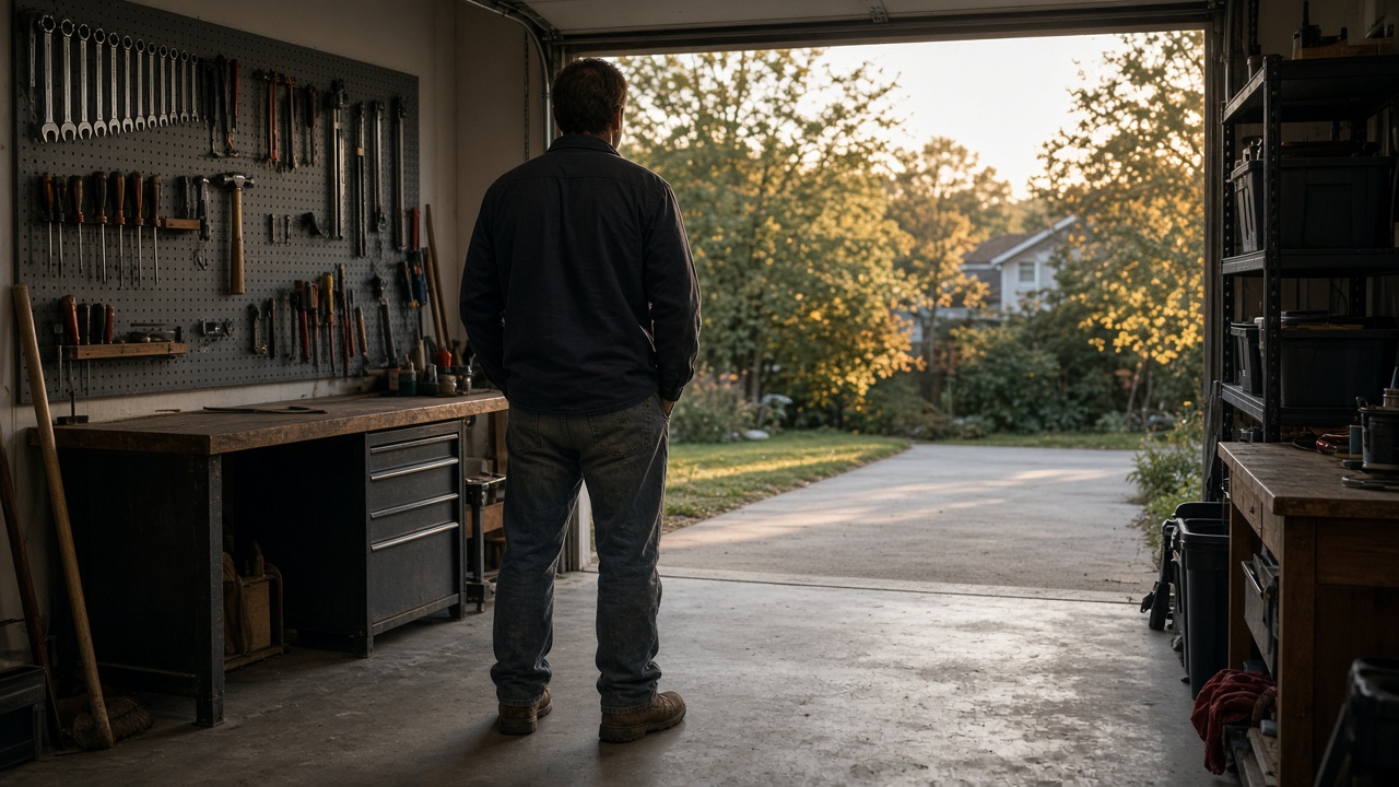 A person seen from behind stands in a garage workshop, facing an open door and a driveway at dusk.