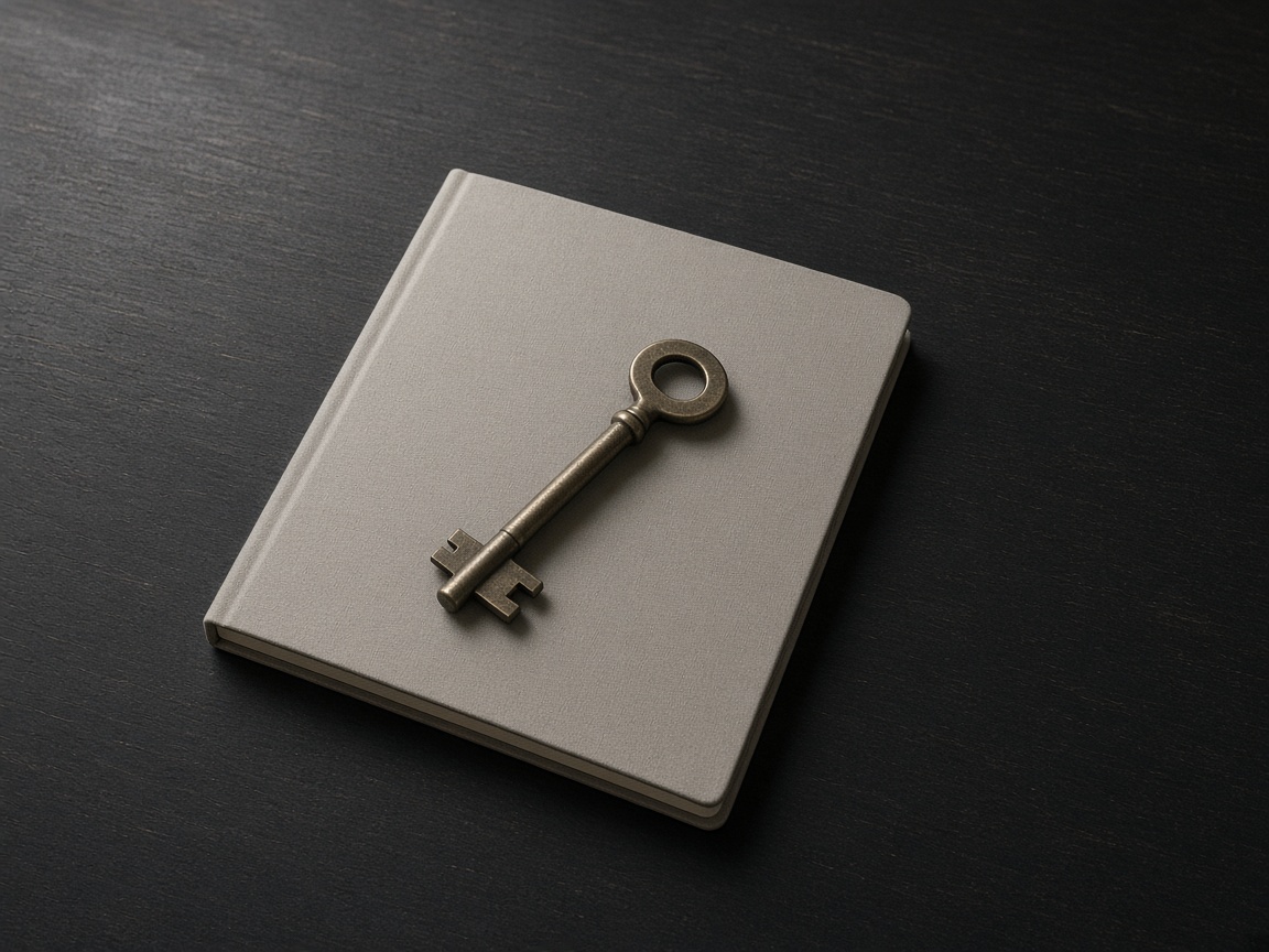 A plain key rests on the cover of a closed notebook.