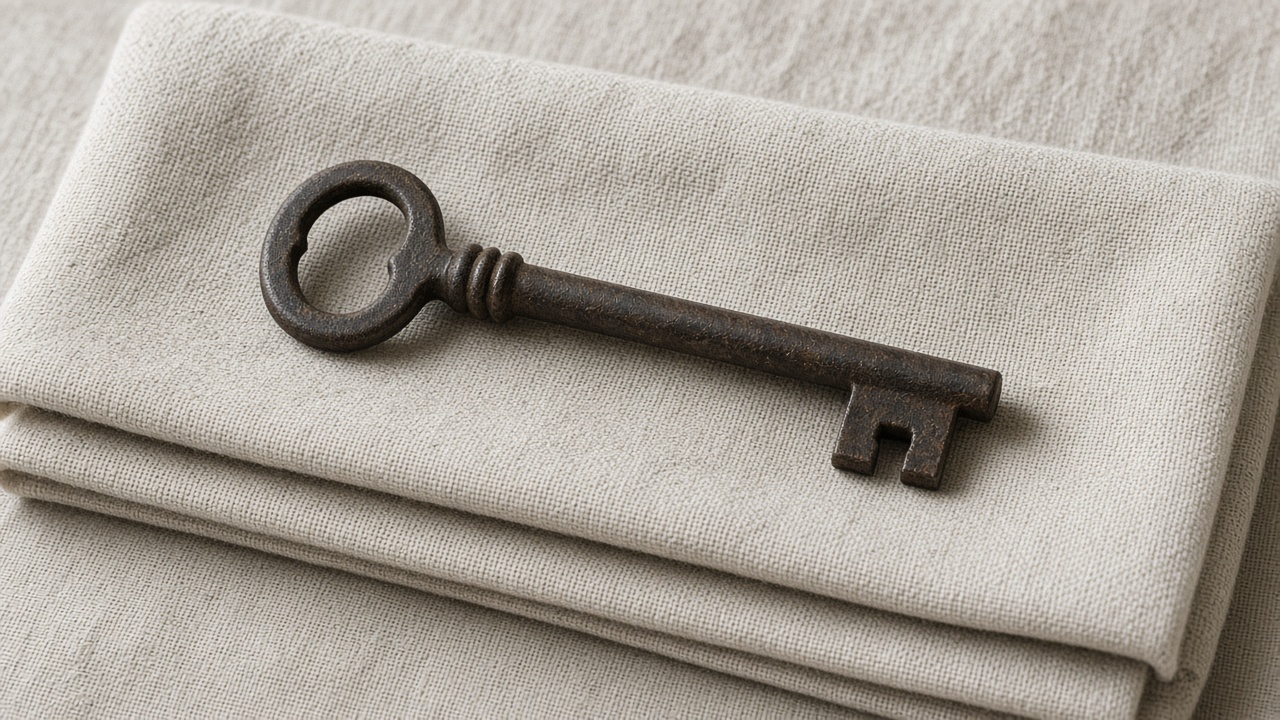 One plain skeleton key lies on a folded linen cloth.
