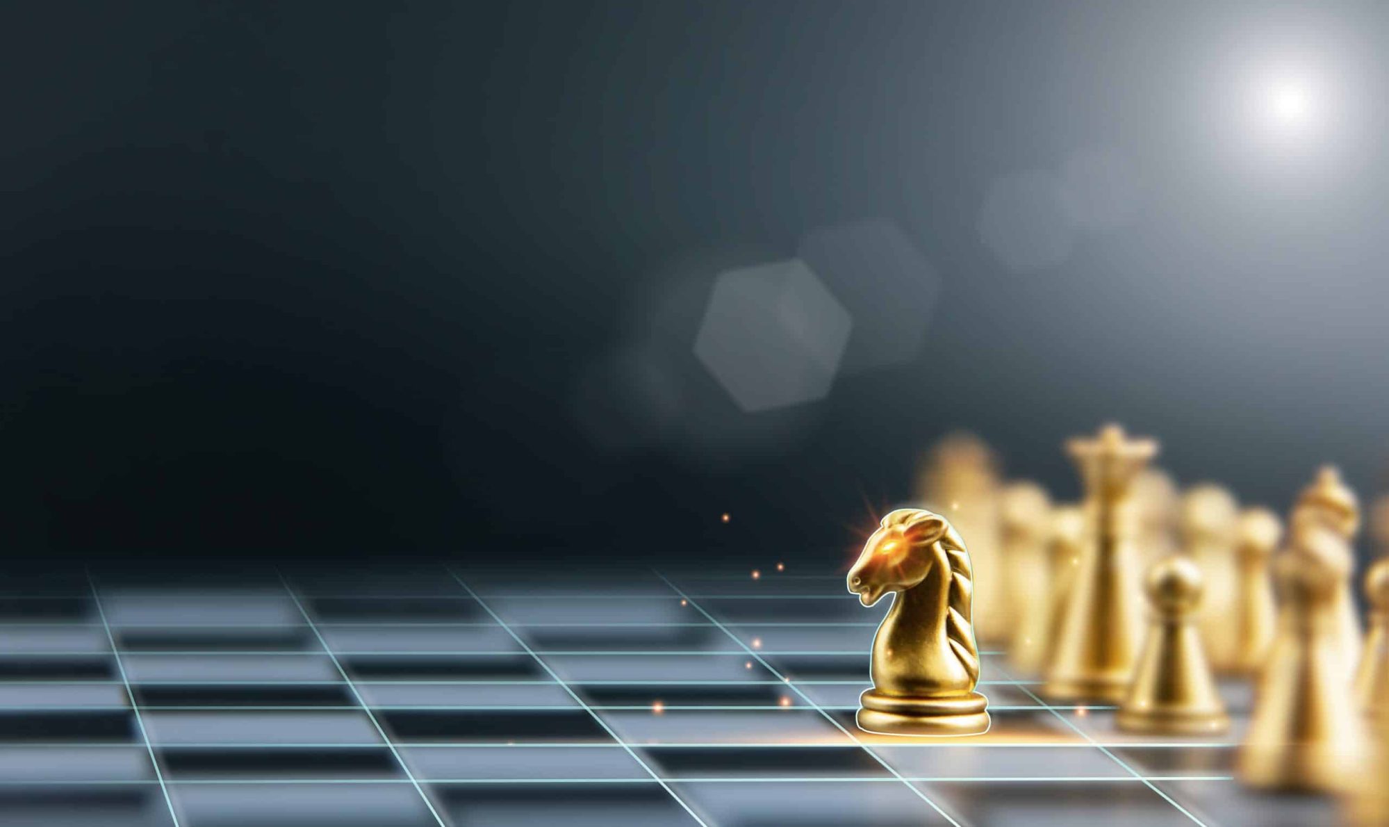 A gold knight chess piece on a chessboard with other pieces in the background, symbolizing strategic planning.